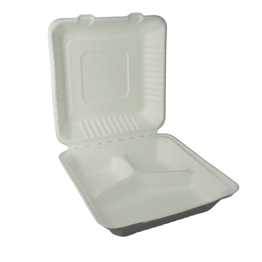3 Compartment Clamshell | 1200ml | White | Sugarcane